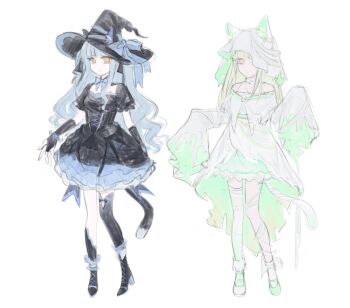 2girls animal_ears bang_dream! bang_dream!_it&#039;s_mygo!!!!! baseball_cap black_boots black_hat black_thighhighs blue_hair boots bridal_gauntlets cat_ears cat_girl cat_tail commentary full_body green_hair green_shoes green_skirt hat high_heel_boots high_heels highres long_hair long_sleeves multiple_girls shoes shoushud simple_background single_thighhigh skirt symbol-only_commentary tail thighhighs togawa_sakiko wakaba_mutsumi white_background yellow_eyes