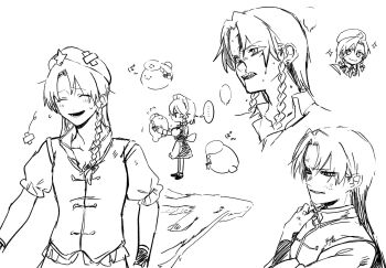 Rule 34 | ..., 2girls, :3, animalization, apron, beret, bleeding, blood, blood on face, blush, braid, breasts, cleavage, closed mouth, commentary request, crossed bandaids, dragon, eastern dragon, greyscale, hat, hat ornament, highres, hong meiling, hong meiling (dragon), izayoi sakuya, long hair, maid, maid headdress, monochrome, multiple girls, multiple views, open mouth, smile, sparkle, spoken ellipsis, star (symbol), star hat ornament, sweatdrop, touhou, twin braids, ukei624, waist apron