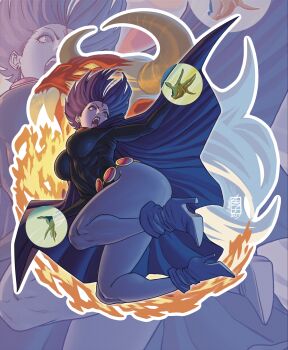 1boy 1girl acecore2k ankle_boots black_leotard blue_boots boots breasts cape colored_skin commentary dc_comics demon english_commentary father_and_daughter floating_hair forehead_jewel gem high_heel_boots high_heels highres horns large_breasts leotard looking_up open_mouth pinup_(style) purple_cape purple_hair purple_lips purple_skin raven_(dc) red_eyes red_gemstone red_skin short_hair solo solo_focus teen_titans trigon white_hair zoom_layer