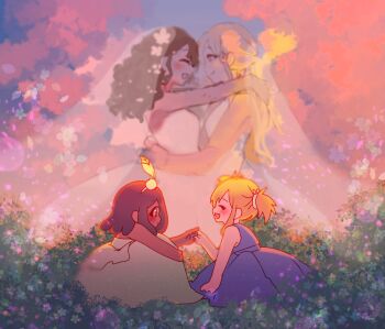 2girls aged_down alternate_universe amaryllis_(dr._stone) black_hair blonde_hair blush bridal_veil bride brown_hair child closed_eyes couple dark-skinned_female dark_skin dr._stone dress flower highres holding_hands kohaku_(dr._stone) koharyllis long_hair mother_and_daughter multiple_girls petals smile twintails veil wedding wedding_dress wife_and_wife yuri