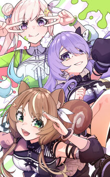3girls airani_iofifteen animal_ears area_15 ayunda_risu brown_hair commentary_request double_v green_eyes hair_bun highres hololive hololive_idol_uniform_(color_rise) hololive_indonesia long_hair low_twintails moona_hoshinova multiple_girls paint_splatter paint_splatter_on_face pink_hair purple_eyes purple_hair rlus side_ponytail squirrel_ears squirrel_tail star_(symbol) tail tongue tongue_out twintails v v_over_eye virtual_youtuber
