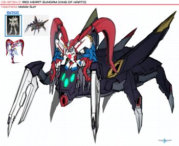 absurdres arthropod_limbs character_name reference_sheet claws commentary copyright_name english_commentary full_body g_gundam gundam gundam_build_divers gundam_build_divers_re:rise gundam_seed gundam_seed_destiny highres hololive mecha mecha_focus mobile_armor mobile_suit no_humans pinguinkotak redesign robot science_fiction shuffle_heart taur weapon white_background