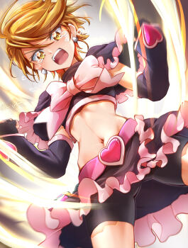 Rule 34 | 1girl, arm warmers, artist name, bike shorts, bike shorts under skirt, black arm warmers, black gloves, black shirt, black shorts, black skirt, clear glass (mildmild1311), commentary request, crying, cure black, earrings, eyelashes, fingerless gloves, frilled shirt, frilled skirt, frills, futari wa precure, gloves, heart, heart earrings, highres, jewelry, looking at viewer, magical girl, midriff, miniskirt, misumi nagisa, navel, open mouth, orange eyes, orange hair, precure, serious, shirt, short hair, shorts, shorts under skirt, signature, silver earrings, skirt, solo, twitter username