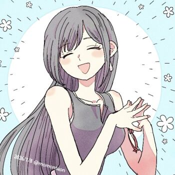 1girl arm_ribbon bare_shoulders black_hair black_vest blush blush_stickers breasts collarbone commentary_request dated earrings facing_viewer final_fantasy final_fantasy_vii final_fantasy_vii:_advent_children flower jewelry long_hair medium_breasts momontaon open_mouth own_hands_together red_ribbon ribbon single_earring smile solo tifa_lockhart twitter_username upper_body vest white_flower