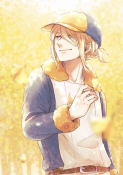 Rule 34 | 1boy, arm up, belt, belt buckle, brown belt, buckle, closed mouth, commentary request, fur-trimmed collar, fur-trimmed sleeves, fur trim, ginkgo guild uniform, ginkgo leaf, gura (rick grick), hair bun, hair intakes, hair over one eye, hat, holding, holding leaf, leaf, looking up, male focus, multicolored hat, nintendo, pokemon, pokemon legends: arceus, single hair bun, smile, solo, upper body, volo (pokemon), yellow eyes, yellow fur