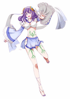 1girl ao_no_kiseki breasts detached_sleeves double-parted_bangs dress eiyuu_densetsu floating_hair full_body hair_between_eyes hairband large_breasts long_hair looking_at_viewer nail_polish navel open_mouth purple_eyes purple_hair rixia_mao simple_background smile solo stomach tachi-e tattoo white_background xiacheng_tatsuya zero_no_kiseki
