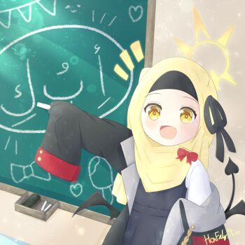 1girl absurdres arabic_text black_dress black_ribbon black_wings blue_archive blush chalk chalkboard demon_girl demon_tail demon_wings drawing_(object) drawn_food drawn_heart dress halo highres hijab ibuki_(blue_archive) long_sleeves looking_at_viewer open_mouth red_ribbon ribbon smile solo tail troll_z0r wings yellow_eyes yellow_halo yellow_hijab