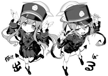 2girls :d black_boots black_hat black_jacket black_shirt black_shorts blue_archive boots buttons commentary cura demon_girl demon_tail double-breasted fang foreshortening from_above gloves greyscale hair_between_eyes halo hands_up hat highres hikari_(blue_archive) jacket long_hair long_sleeves looking_at_viewer making_faces miniskirt monochrome multiple_girls nozomi_(blue_archive) open_mouth parted_lips peaked_cap pleated_skirt pointy_ears shirt shorts siblings side-by-side sidelocks sisters skin_fang skirt smile smug standing standing_on_one_leg symbol-only_commentary tail tareme translation_request twins twintails upturned_eyes v-shaped_eyebrows very_long_hair white_gloves