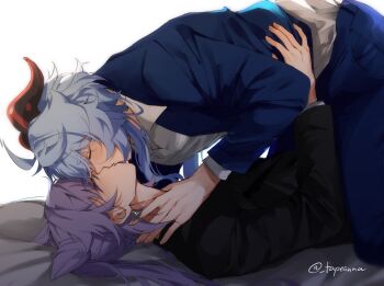 Rule 34 | 2girls, blue hair, blush, closed eyes, cone hair bun, earrings, ganyu (genshin impact), genshin impact, hair bun, highres, horns, imminent kiss, jewelry, keqing (genshin impact), long hair, multiple girls, purple hair, tapeanna, twitter username, yuri