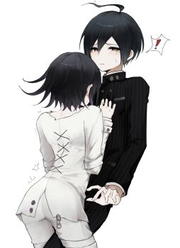 Rule 34 | !, 2boys, ahoge, arm belt, ass, black hair, blush, brown eyes, buttons, collared jacket, commentary request, cross-laced clothes, cross-laced top, danganronpa (series), danganronpa v3: killing harmony, flipped hair, flustered, hair between eyes, hand on another's chest, height difference, highres, jacket, leg between thighs, long sleeves, looking at viewer, male focus, multiple boys, nape, no scarf, oma kokichi, pale skin, pants, pinstripe jacket, pinstripe pattern, purple hair, saihara shuichi, short hair, shy, simple background, spoken exclamation mark, sweatdrop, thigh strap, trembling, white background, yaoi, zr 310