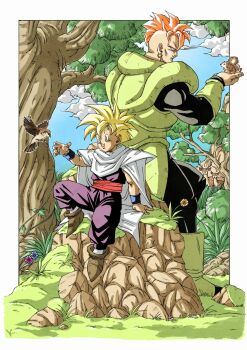 2boys android_16 armor bird blonde_hair cape commentary_request dragon_ball dragonball_z earrings green_armor green_eyes highres jewelry kakeru_(dbskakeru) male_focus mohawk multiple_boys orange_hair pants purple_pants purple_shirt red_sash sash shirt short_hair sitting son_gohan spiked_hair super_saiyan super_saiyan_1 tree white_cape