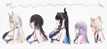 5girls :d animal_ears asymmetrical_horns bandaid bandaid_hair_ornament bikini black_hair blonde_hair blue_hair breasts closed_mouth colored_inner_hair cropped_torso dog_ears dog_girl flower flower_knot front-tie_bikini_top front-tie_top fuwawa_abyssgard grey_hair hair_ornament highres holoadvent hololive hololive_english hololive_summer_2023_swimsuit horn_flower horns huge_breasts koseki_bijou large_breasts layered_bikini long_hair maru_ccy mococo_abyssgard multicolored_hair multiple_girls nerissa_ravencroft official_alternate_costume open_mouth pink_eyes pink_hair pout purple_eyes shiori_novella short_hair sidelocks simple_background small_breasts smile split-color_hair streaked_hair striped_bikini striped_clothes swimsuit tassel tassel_hair_ornament two_side_up uneven_horns virtual_youtuber white_background white_bikini yellow_eyes