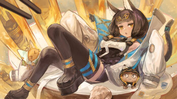 Rule 34 | 1girl, absurdres, animal ear fluff, animal ears, arknights, black hair, black tail, black thighhighs, blue jacket, character doll, chinese commentary, clothes writing, commentary, doll, full body, hair ornament, hair tubes, highres, infection monitor (arknights), jacket, karenncat, light particles, looking at viewer, medium hair, open mouth, papyrus (arknights), pepe (arknights), solo, tail, tail raised, thighhighs, titi (arknights), two-sided fabric, two-sided jacket, white jacket, yellow eyes