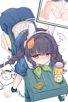 1boy 1girl absurdres animal_ears banbanban_li barefoot bench black_hair blue_archive blue_serafuku blue_shirt blue_skirt blush braid crying doodle_sensei_(blue_archive) fake_animal_ears green_neckerchief halo highres leaf leaf_on_head loli long_hair miyu_(blue_archive) neckerchief panties rabbit_ears red_eyes sailor_collar school_uniform sensei_(blue_archive) serafuku shirt skirt tearing_up tears thermos twin_braids underwear white_sailor_collar