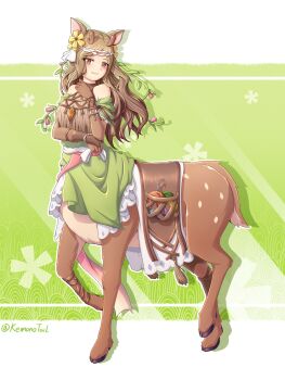 1girl absurdres animal_ears bare_shoulders breasts bridal_gauntlets brown_bridal_gauntlets brown_eyes brown_fur brown_gemstone brown_hair centauroid chouhen_huanhua_cheng_haiyang colored_extremities commentary deer_ears deer_tail dress flower full_body gem glint green_background green_dress hair_flower hair_ornament hair_vines hand_up highres hooves horns kardia_tou_abel long_hair looking_at_viewer medium_breasts monster_girl multiple_legs parted_bangs parted_lips shadow sidelocks solo standing symbol-only_commentary tail taur yarn yarn_ball