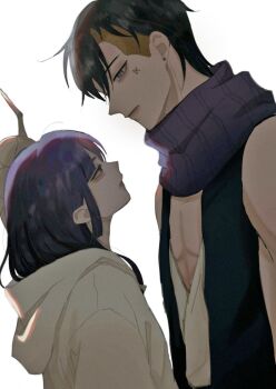 Rule 34 | 1boy, 1girl, black hair, blonde hair, boruto: two blue vortex, earrings, eye contact, facial tattoo, grey eyes, height difference, hood, hoodie, ifevilwhyuhot, jewelry, kakei sumire, kawaki (boruto), looking at another, mask, mask on head, multicolored hair, naruto (series), pectoral cleavage, pectorals, purple hair, purple scarf, scarf, striped clothes, striped scarf, stud earrings, tattoo, two-tone hair, undercut, white hoodie