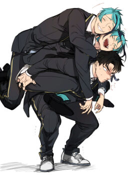 Rule 34 | +++, 3boys, :d, :o, ^ ^, arms around neck, black eyes, black jacket, black pants, black shoes, black streaks, blazer, blue hair, blue socks, blunt ends, brothers, carrying, carrying multiple people, carrying person, closed eyes, collared shirt, commentary request, curtained hair, diagonal-striped clothes, diagonal-striped necktie, dress pants, dress shoes, earrings, enma yuuken, fingernails, floyd leech, from side, full body, furrowed brow, gold trim, grabbing another's ass, grin, groping, heads together, hunched over, jacket, jade leech, jewelry, leg lock, light blush, long sleeves, looking ahead, male focus, multicolored hair, multiple boys, necktie, night raven college school uniform, notice lines, open mouth, pants, parted bangs, parted hair, piggyback, raised inner eyebrows, school uniform, shaded face, shadow, sharp teeth, shirt, shoes, short hair, siblings, sideburns, simple background, smile, sneakers, socks, sound effects, streaked hair, striped clothes, sweat, teeth, thick eyebrows, trembling, twisted wonderland, usachangm, v-shaped eyebrows, veins, veiny hands, very short hair, white background, white shirt, white shoes
