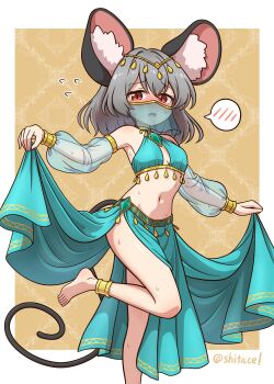 1girl alternate_costume animal_ear_fluff animal_ears anklet barefoot blush bracelet breasts breasts_apart commentary_request crystal dancer detached_sleeves embarrassed flying_sweatdrops green_skirt green_veil grey_hair harem_outfit highres jewelry leg_up looking_at_viewer midriff mouse_ears mouse_girl mouse_tail mouth_veil nazrin open_mouth see-through_clothes see-through_sleeves see-through_veil shitacemayo side_slit skirt skirt_hold small_breasts solo spoken_blush sweat tail toes touhou twitter_username veil