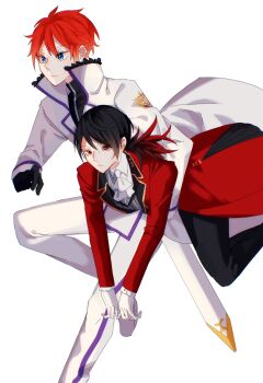 2boys ascot black_gloves black_hair black_pants blue_eyes carrying carrying_under_arm closed_mouth coat commentary_request gloves highres jouge2983 long_sleeves multiple_boys pants re:zero_kara_hajimeru_isekai_seikatsu red_coat red_eyes red_hair reinhard_van_astrea short_hair siblings simple_background sword vincent_vollachia weapon white_ascot white_background white_gloves white_pants