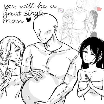 1boy 2girls ;) ^_^ bald blush borrowed_character breasts cleavage closed_eyes collarbone commentary covered_navel cpxt_mhng cropped_torso curtained_hair english_commentary english_text faceless faceless_male girl_sandwich greyscale hands_on_own_stomach heart hetero index_finger_raised irony japan-korea_yuri_(meme) looking_at_another male_pregnancy meme monochrome multiple_girls no_eyes one_eye_closed original own_hands_together palms_together people&#039;s_republic_of_china_flag reference_inset sandwiched shirt simple_background sketch smile south_korean_flag strapless t-shirt veins veiny_arms what white_background