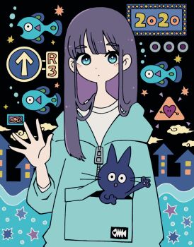 1girl 2020 animated animated_gif arrow_(symbol) blue_eyes blue_hoodie bright_pupils bubble building cloud expressionless fish fish_skeleton garouma grey_hair highres hood hood_down hoodie long_hair new_year original pocket solo waving white_pupils zipper zipper_pull_tab