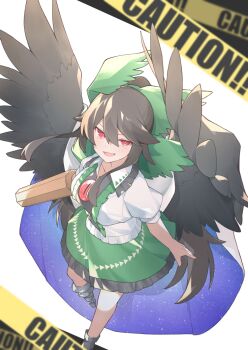 1girl arm_cannon bird_wings black_wings bow breasts brown_hair cape caution_tape ch00suke collared_shirt commentary_request frilled_shirt_collar frilled_skirt frills green_bow green_skirt hair_bow highres long_hair looking_at_viewer open_mouth puffy_short_sleeves puffy_sleeves red_eyes reiuji_utsuho shirt short_sleeves skirt smile solo starry_sky_print third_eye third_eye_on_chest touhou weapon white_shirt wings