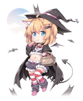 1girl animal_ears basket bat_(animal) blonde_hair blue_eyes hat highres navel original solo striped_clothes striped_thighhighs tail tamase_tama thighhighs two_side_up wings witch_hat