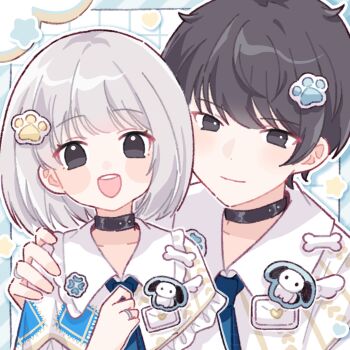 Rule 34 | 1boy, 1girl, :d, black choker, black eyes, black hair, blue necktie, blunt bangs, blush stickers, choker, closed mouth, collared shirt, commentary, dot nose, drop shadow, grid background, highres, looking at viewer, necktie, open mouth, original, outline, paw hair ornament, portrait, shirt, short hair, smile, white hair, white outline, white shirt, yukomeow