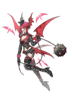 1girl armor ball_and_chain_(weapon) bat_(animal) bat_wings black_gloves black_hat black_lips boots breasts chain cleavage commentary_request eye_mask final_fantasy final_fantasy_xiv fishnet_pantyhose fishnets floating full_body garter_straps gloves greaves hair_bun hat head_wings highres holding holding_chain jacket knee_boots looking_at_viewer mask medium_breasts navel open_clothes open_jacket pantyhose parted_lips red_hair red_nails red_wrist_cuffs shaizi_(z07ca5jh85) short_shorts shorts sidelocks simple_background slit_pupils smile solo tachi-e vamp_fatale weapon white_background white_eyes wings wrist_cuffs