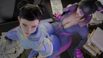 2girls 3d animated ass bent_over bodysuit breasts capcom catsuit china_dress chinese_clothes chun-li cleavage closed_eyes desk double_bun dress eyepatch fingerless_gloves gloves grinding_over_clothes hair_bun hair_horns han_juri kishi3d leaning leggings lipstick makeup multiple_girls paper pussyjob red_nails slippers street_fighter street_fighter_6 tagme tight_clothes video yuri zipper