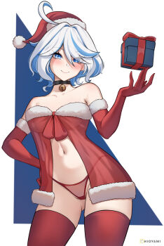 1girl ahoge artist_name babydoll bell blue_eyes blue_hair box breasts commentary english_commentary furina_(genshin_impact) genshin_impact gift gift_box gloves hat heterochromia highres hioyami navel neck_bell panties red_babydoll red_gloves red_panties red_thighhighs santa_hat short_hair small_breasts smile solo stomach thighhighs thighs two-tone_background underwear