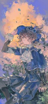 1boy absurdres adjusting_clothes adjusting_headwear androgynous ascot belt black_belt black_boots blue_bow blue_capelet blue_gemstone blue_shorts boots bow brown_hair capelet cloud cloudtuan cloudy_sky edgar_valden edgar_valden_(runaway) expressionless feet_out_of_frame floating_clothes floating_hair frilled_ascot frilled_sleeves frills gem gem_hat_ornament gold_trim hair_between_eyes hair_bow hat_feather highres identity_v lace-trimmed_shorts lace_trim leg_up male_focus orange_clouds puffy_shorts shirt shorts sitting sky wavy_hair white_ascot white_shirt yellow_eyes