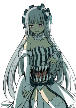 1girl absurdres bare_shoulders black_bow blunt_bangs blush bow box_wonderland braid breasts cleavage closed_mouth clothes_lift collar colored_inner_hair commentary detached_sleeves extra_mouth fate/strange_fake fate_(series) francesca_prelati_(fate) frilled_collar frills full_body garter_straps grey_hair hair_between_eyes hair_bow hashtag-only_commentary highres lifting_own_clothes long_hair looking_at_viewer medium_breasts multicolored_hair multiple_hair_bows purple_background ringed_eyes sharp_teeth shirt shirt_lift showgirl_skirt simple_background sitting skirt skull_print smile solo stomach_mouth strapless strapless_shirt striped_clothes striped_shirt teeth thighhighs vertical-striped_clothes vertical-striped_shirt very_long_hair wariza white_skirt white_thighhighs