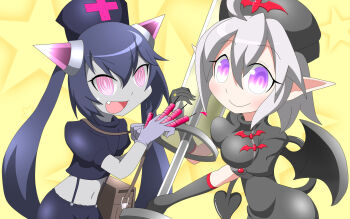 2girls ahoge amauchi ambiguous_red_liquid bag bat_ornament black_hair black_shirt blush breasts chrome_(mon-musu_quest!) colored_skin commentary_request crop_top demon_girl demon_wings fang gloves hat highres holding holding_syringe holding_weapon horns jewelry large_syringe long_hair looking_at_viewer mon-musu_quest! monster_girl multiple_girls nabisu_(mon-musu_quest!) navel nurse nurse_cap open_mouth oversized_object pink_eyes pink_horns pointy_ears puffy_short_sleeves puffy_sleeves purple_eyes purple_skin ringed_eyes shirt short_hair short_sleeves shoulder_bag sidelocks smile sparkle squirting_liquid star_(symbol) star_symbol_background syringe tail twintails weapon white_hair wings yellow_background