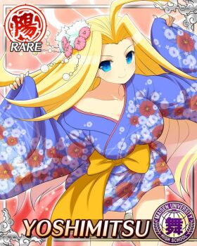 1girl antenna_hair arms_up blonde_hair blue_eyes blue_kimono border breasts card_(medium) character_name closed_mouth floral_print floral_print_kimono flower game_cg hair_flower hair_intakes hair_ornament japanese_clothes kanzashi kimono large_breasts long_hair looking_at_viewer official_art parted_bangs print_kimono senran_kagura senran_kagura_new_wave short_kimono smile solo yoshimitsu_(senran_kagura)
