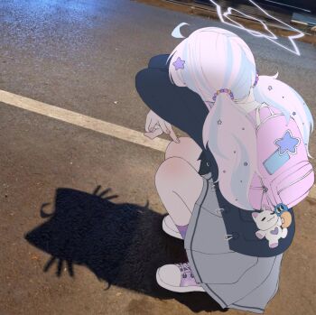 1girl ahoge backpack bag beads blue_archive blue_hair cat_shadow_puppet_(meme) commentary cross-laced_shoes from_side full_body grey_skirt hair_beads hair_ornament halo highres long_hair long_sleeves low_twintails mang_722 meme miniskirt multicolored_hair outdoors photo_background pink_bag pink_hair pink_halo pleated_skirt reisa_(blue_archive) school_uniform shadow shoes skirt sneakers solo squatting star_(symbol) star_hair_ornament star_halo streaked_hair symbol-only_commentary twintails two-tone_hair