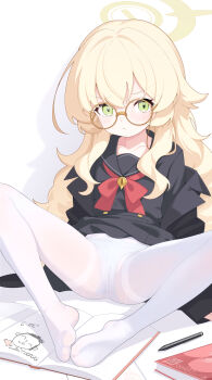 1girl absurdres blonde_hair blue_archive commentary doodle_sensei_(blue_archive) glasses green_eyes halo highres jiuchong_ying_fengxue long_hair pantyhose professor_niyaniya_(blue_archive) sensei_(blue_archive) solo white_pantyhose