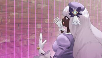 1girl big_hair bilingual_commentary brick_wall commentary dark-skinned_female dark_skin dress frills gloves gold_ring hands_up highres jacinthe_(pokemon) juliet_sleeves long_hair long_sleeves meme mixed-language_commentary nintendo pokemon pokemon_legends:_z-a puffy_sleeves purple_dress purple_eyes purple_hair solo talking_to_brick_wall_(meme) teddypocky upper_body very_dark_skin white_gloves