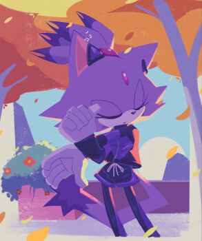 1girl animal_ears blaze_the_cat cat_ears cat_girl cat_tail chaoslose closed_eyes earbuds earphones falling_leaves flower forehead_jewel furry furry_female highres leaf purple_fur shorts sonic_(series) sportswear tail tree wireless_earphones yellow_leaves