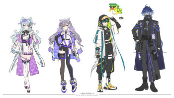 Rule 34 | 2boys, 2girls, absurdres, ajaw (genshin impact), alternate costume, amaichi esora, animal ear headphones, animal ears, aqua hair, asymmetrical gloves, asymmetrical legwear, black boots, black gloves, black hair, black jacket, black mask, black pants, black shirt, boots, breasts, commentary request, diamond-shaped pupils, diamond (shape), eyewear on head, fake animal ears, flins (genshin impact), flins (parallels meet) (genshin impact), full body, genshin impact, gloves, green eyes, hand on own hip, headphones, headset, highres, hood, hoyofair, jacket, jacket on shoulders, keqing (genshin impact), kinich (genshin impact), kinich (parallels meet) (genshin impact), long hair, medium breasts, multiple boys, multiple girls, pants, pointy ears, purple-tinted eyewear, purple eyes, purple hair, purple nails, shirt, short hair, simple background, single thighhigh, sketch, symbol-shaped pupils, thighhighs, tinted eyewear, twintails, visor cap, white background, white boots, white jacket, yellow eyes, yumemizuki mizuki, yumemizuki mizuki (parallels meet)