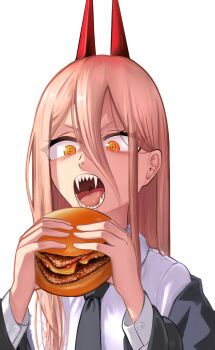 1girl absurdres blonde_hair burger chainsaw_man crosshair_pupils dress_shirt eating food hair_between_eyes highres horns long_sleeves madaotheory open_mouth orange_eyes power power_(chainsaw_man) red_horns shirt solo white_shirt