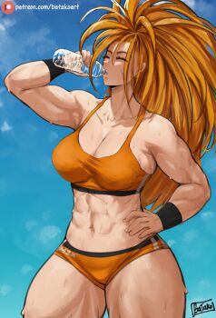 1girl abs artist_name bare_shoulders batako_(batakoart) blue_sky bottle breasts captain_mizuki closed_eyes day drinking hand_on_own_hip highres large_breasts long_hair muscular muscular_female navel one-punch_man orange_hair shorts sky sports_bra sportswear sweat water wet