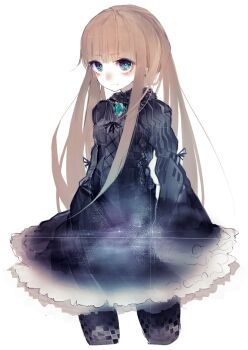 1girl black_gloves blue_dress blue_eyes blunt_bangs blush brown_hair collar commentary_request dress expressionless frills gloves gothic_lolita highres jewelry lolita_fashion long_hair long_sleeves looking_at_viewer original riuichi simple_background standing straight_hair victorian white_background