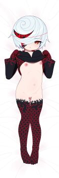 1girl absurdres arm_up barefoot blush bottomless censored cleft_of_venus closed_mouth commission cromachina dakimakura_(medium) dakimakura_(object) flat_chest full_body hair_over_one_eye highres loli long_sleeves looking_at_viewer lying mosaic_censoring navel nipples on_back pillow pixiv_commission pussy red_eyes sage_(sonic) shirt short_hair solo sonic_(series) white_background white_hair