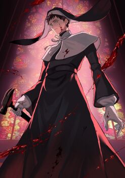 1boy absurdres black_robe blood blood_on_face brown_hair capelet commentary_request crossdressing crossdressing_(mtf) gloves hammer highres holding holding_hammer long_sleeves looking_at_viewer magurosamm male_focus nijisanji nun nun_headdress ribbon robe solo stained_glass virtual_youtuber white_gloves white_ribbon yashiro_kizuku