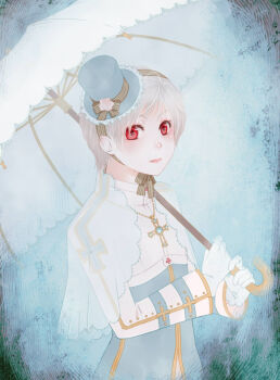 1boy arch_bishop_(ragnarok_online) black_bow blue_background blue_coat blue_hat bow closed_mouth coat commentary_request cropped_jacket cross cross_necklace expressionless gloves hat hat_bow holding holding_umbrella jacket jewelry lips long_sleeves looking_at_viewer male_focus mini_hat mini_top_hat necklace parasol ragnarok_online red_eyes short_hair solo susukinohukurou top_hat umbrella upper_body variant_set vignetting white_gloves white_jacket white_umbrella