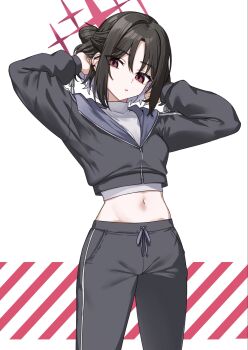 1girl arms_behind_back arms_behind_head barbell_piercing black_hair black_jacket black_pants blue_archive commentary cowboy_shot crop_top cropped_jacket ear_piercing hair_bun halo hashtag-only_commentary highres industrial_piercing ivan_wang jacket long_sleeves looking_at_viewer midriff misaki_(blue_archive) navel official_alternate_costume pants parted_lips piercing ponytail red_eyes red_halo shirt short_hair single_hair_bun solo stomach sweatpants white_background white_shirt