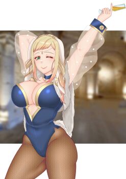 1girl absurdres alternate_costume animal_ears arms_up blonde_hair breasts choker cleavage cryptid_crab cup detached_sleeves drinking_glass fake_animal_ears female_focus fire_emblem fire_emblem_heroes fishnet_pantyhose fishnets green_eyes henriette_(fire_emblem) highleg highleg_leotard highres holding holding_cup large_breasts leotard looking_at_viewer mature_female nintendo one_eye_closed pantyhose playboy_bunny rabbit_ears rabbit_tail see-through_clothes see-through_sleeves smile standing tail thighs wink wrist_cuffs