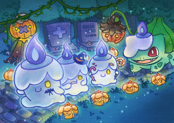 blue_fire bright_pupils bulbasaur candy candy_hair_ornament claws cosplay drifloon fangs fire flower food food-themed_hair_ornament gen_1_pokemon gen_4_pokemon gen_5_pokemon gen_6_pokemon glowing glowing_eyes grass hair_ornament halloween hat hat_ornament heart heart_hair_ornament holding holding_candy holding_food holding_lollipop jack-o'-lantern kuruta_(qulta03) litwick litwick_(cosplay) lollipop mini_hat mini_witch_hat night nintendo no_humans one_eye_covered open_mouth outdoors parade path plant pokemon pokemon_(creature) pumpkaboo pumpkin red_eyes road rose star_(symbol) star_hat_ornament swirl_lollipop tree vines white_pupils witch_hat yellow_eyes zubat