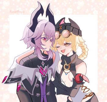 1boy 1girl absurdres animal_ear_headwear animal_ears arm_hug arm_scarf arms_at_sides artist_name bandeau beanie black_bandeau black_hat black_horns black_scarf black_sleeves blonde_hair braid braided_hair_rings breasts bright_pupils by_nearreya chest_jewel collar colored_eyelashes cross-shaped_pupils crystal detached_sleeves dragon_boy dragon_horns eyewear_on_head fake_animal_ears fang floral_border gem genshin_impact hair_between_eyes hair_rings hat heart-shaped_gem hetero highleg highleg_leotard highres horns jahoda_(genshin_impact) leotard looking_at_another mandarin_collar mini_durin_(genshin_impact) mini_durin_(human)_(genshin_impact) one_eye_closed open_mouth parted_lips pink-tinted_eyewear pink_hair red_eyes red_gemstone red_scarf round_eyewear scarf short_hair sideways_mouth skin_fang small_breasts star-shaped_pupils star_(symbol) symbol-shaped_pupils tinted_eyewear white_background white_collar white_leotard white_pupils yellow-framed_eyewear yellow_eyes